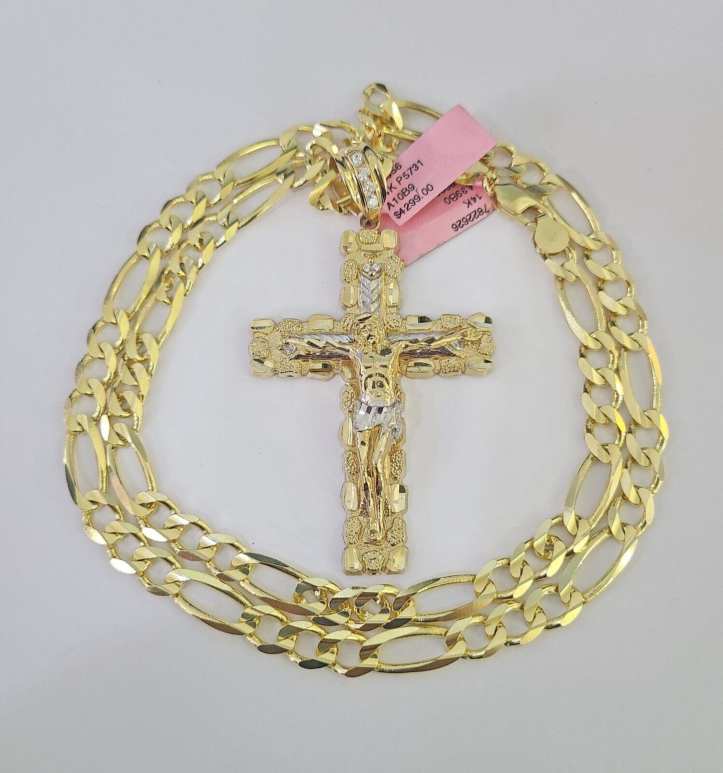 14k Figaro Chain Jesus Cross Charm Pendant Gold 7mm 20-30 inch SET Necklace