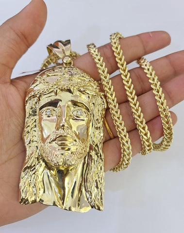 10K Franco Chain Jesus Head Pendant Charm Necklace 20"-26" 5mm Gold Yellow SET