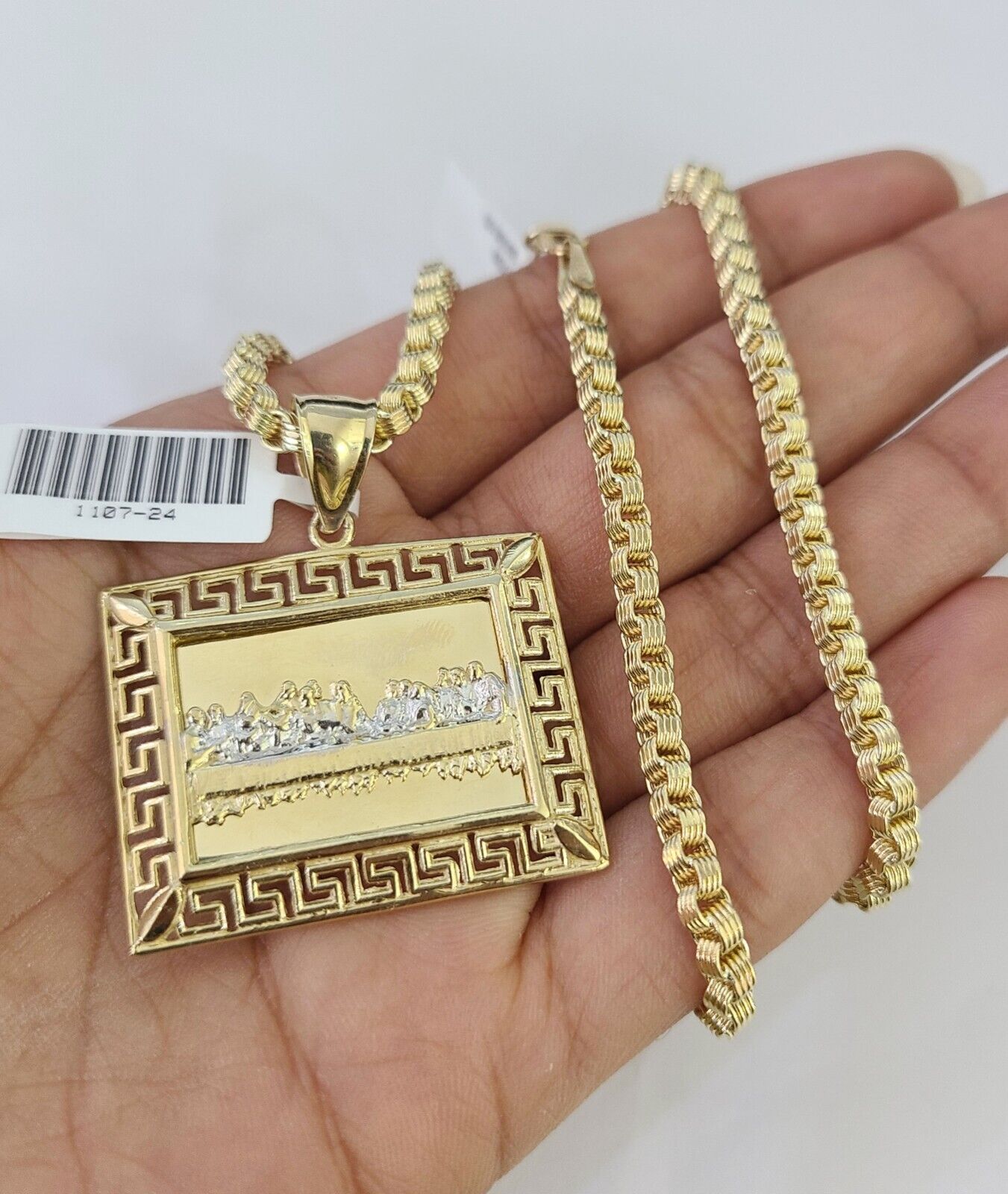 10k Gold Byzantine Necklace Last Supper Charm 20-28 inches 3mm REAL SET Chain