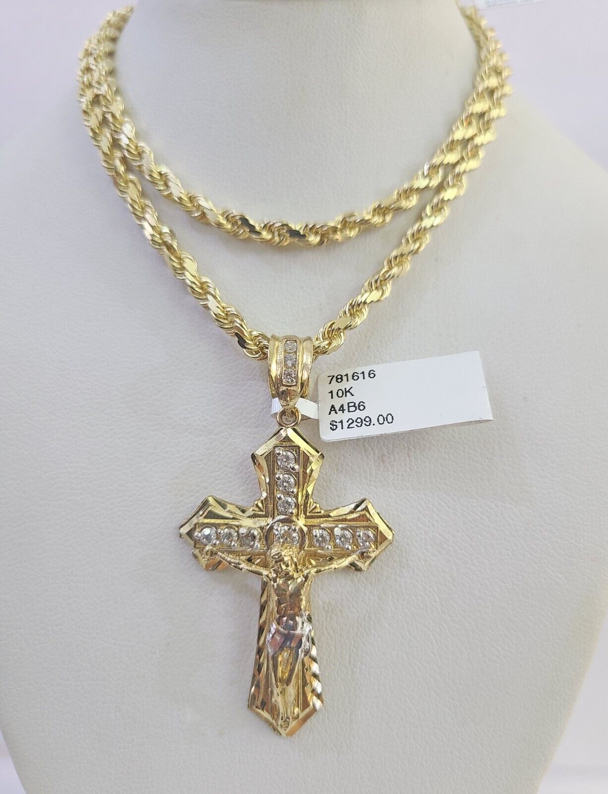 10k Solid Rope Chain Jesus Cross Charm Set 4mm 18"-30" Necklace Gold Pendant