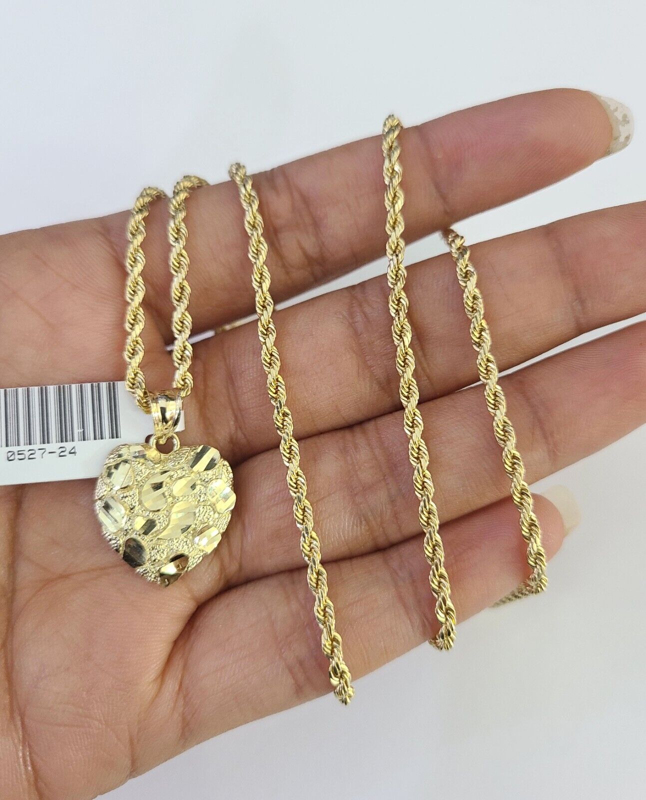 10k 2.5mm Rope Chain Nugget Heart Pendant 18"-30" Yellow Gold Set Charm Necklace