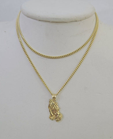 14k Miami Cuban Chain Praying Hands Charm Pendant 2mm 18"-24inch SET Necklace