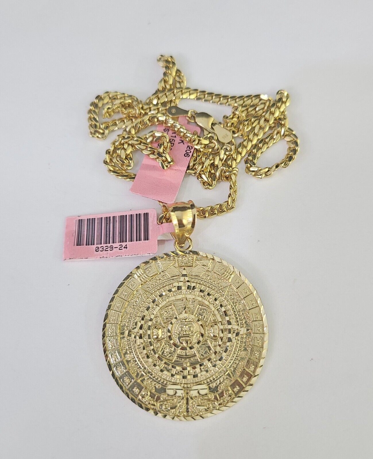 Real 14k Solid Chain Mayan Calendar Charm Set Miami Cuban 3mm Necklace Pendant