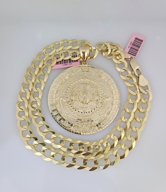 14k Gold Chain Mayan Calendar Charm Solid Cuban Curb 10mm 20"-30" SET Necklace