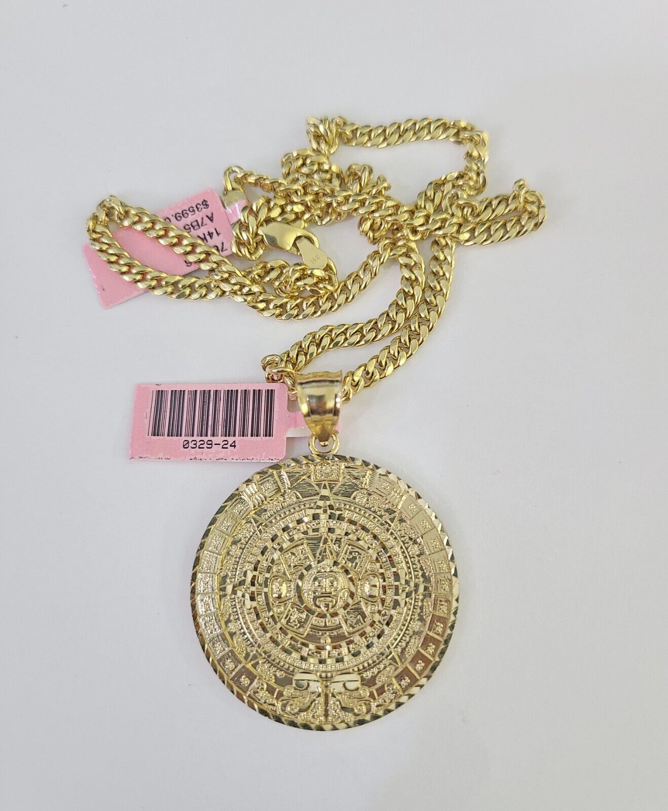 Real 14k Chain Mayan Calendar Charm Set Miami Cuban Link 4mm Necklace Pendant