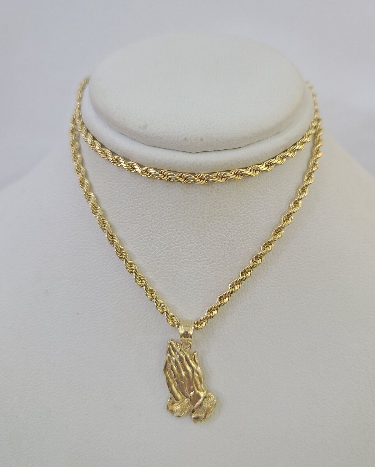 14k Rope Chain Praying Hands Charm Pendant Gold 2mm 18"-24inch SET Necklace