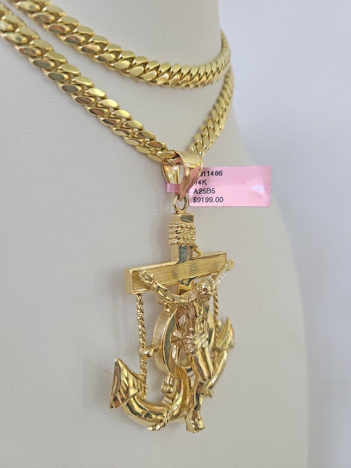 Real 14k Solid Chain Jesus Anchor Charm Set Miami Cuban 6mm Necklace Pendant