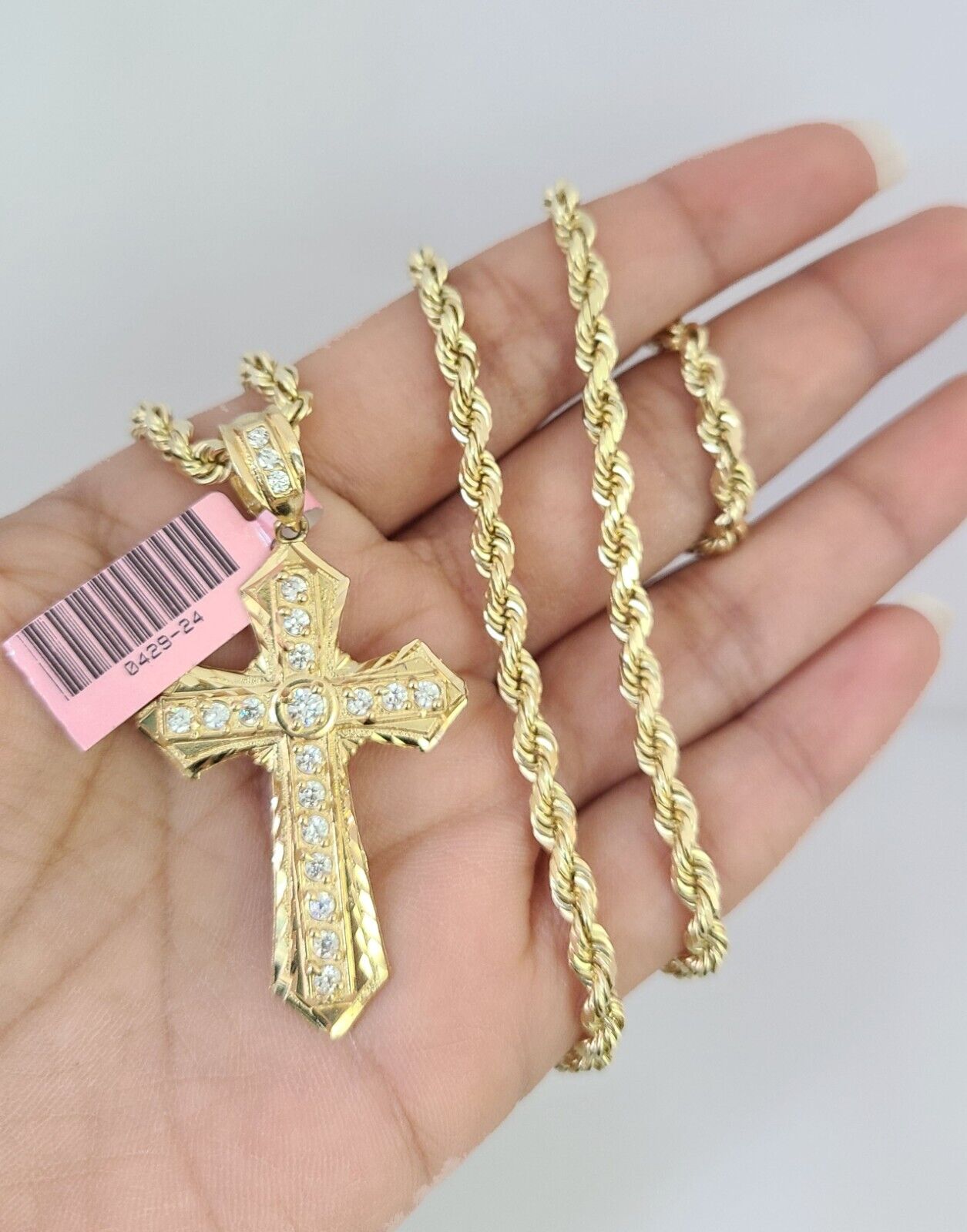 Real 14k Solid Rope Chain Jesus Cross Charm Gold Set 4mm 18"-30" Necklace