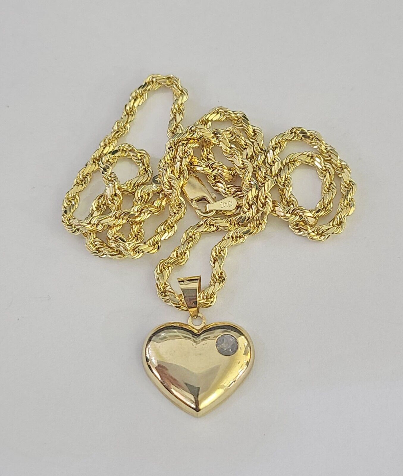 Real 10k Rope Chain Heart Charm Pendant SET Necklace 3mm 18"-24" Ladies