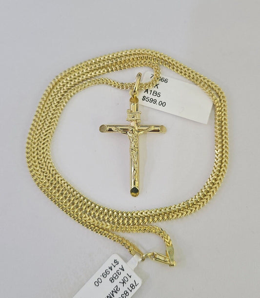 10K Franco Chain INRI Jesus Cross Pendant Charm Necklace 16"-24" 2mm Gold SET