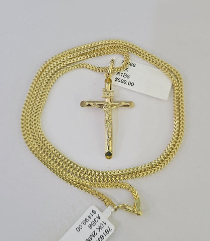 10K Franco Chain INRI Jesus Cross Pendant Charm Necklace 16"-24" 2mm Gold SET