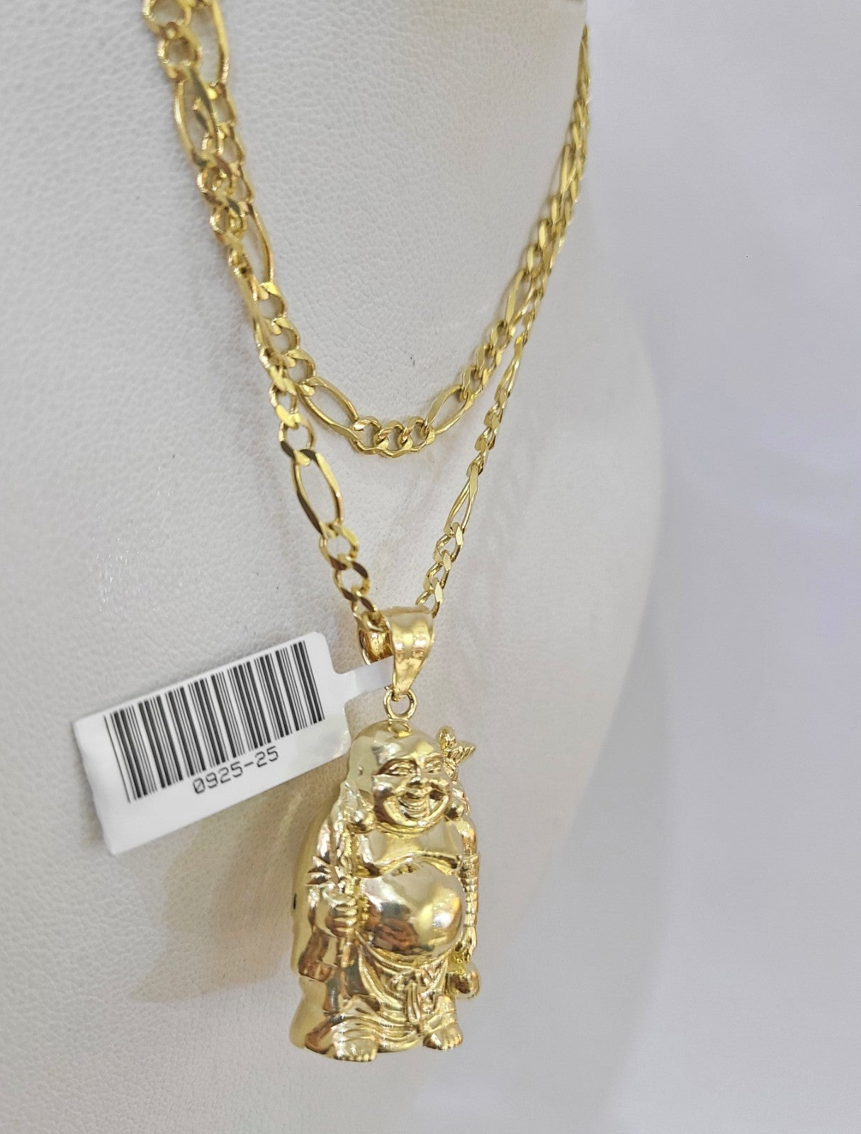 10k Figaro Chain Laughing Buddha Pendant Charm Gold 3mm 20-28 inch SET Necklace