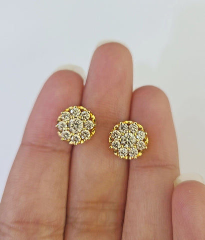 10k Diamond Flower Earrings Yellow gold Real screw-back Women Men Studs