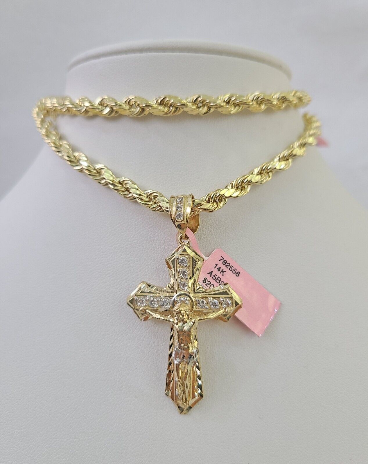 Real 14k Rope Chain Jesus Cross Charm Set 6mm 18"-28" Necklace Yellow Gold