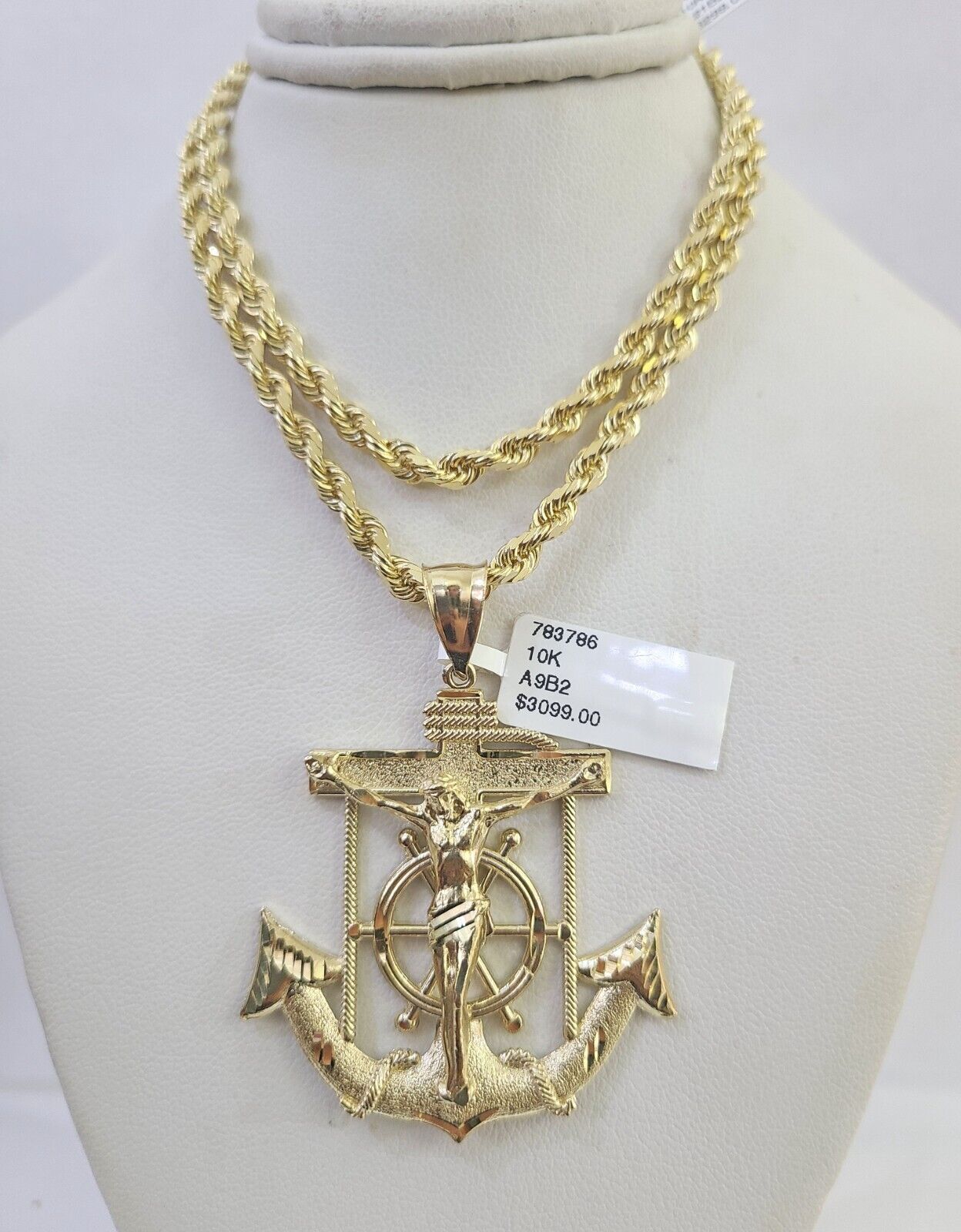 10k Solid Rope Chain Jesus Anchor Charm Set 4mm 18"-30" Necklace Gold Pendant