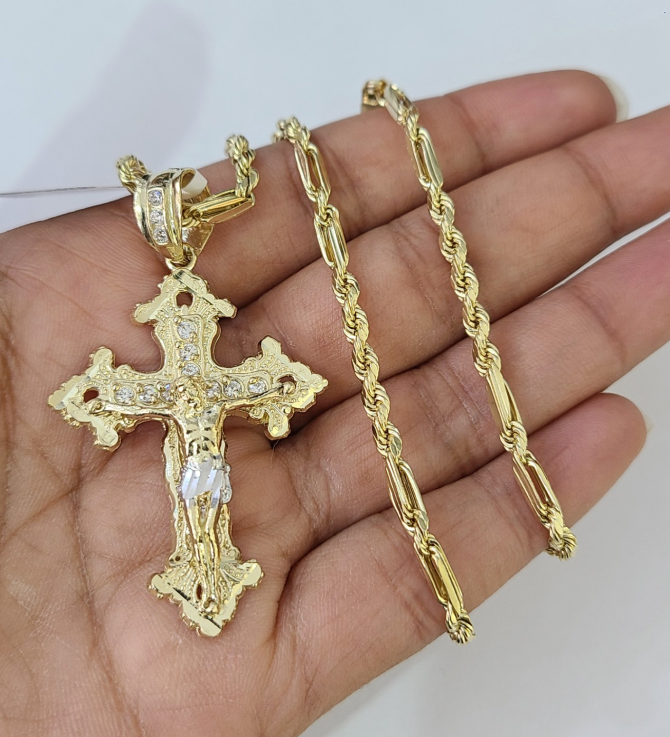 10k Milano Rope Chain Jesus Cross Charm Necklace SET 3mm 18"-26" Pendant