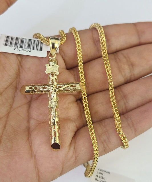 10K Gold Franco Chain Jesus Cross Charm Pendant 20-26 inches 2.5mm REAL Yellow