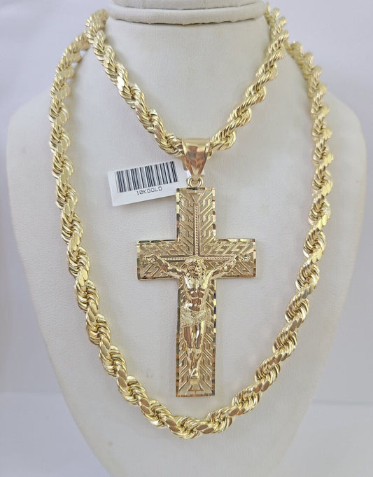 Real 10k Rope Chain Jesus Cross Charm Set 7mm 20"-28" Inch Necklace Yellow Gold