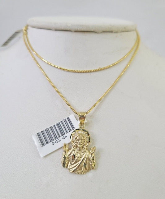 10K Solid Franco Chain Praying Jesus Cross Pendant Charm Necklace 18"-24" 1.5mm