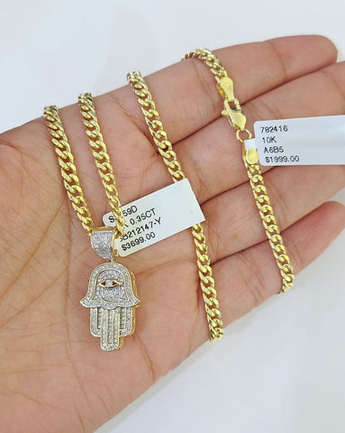 Real 10k Yellow Gold Diamond Charm Hamsa Hand Pendant& Cuban Link Chain Neckalce