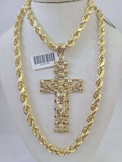 Real 10k Rope Chain Jesus Cross Charm Set 7mm 20"-28" Inch Necklace Yellow Gold