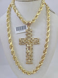 Real 10k Rope Chain Jesus Cross Charm Set 7mm 20"-28" Inch Necklace Yellow Gold