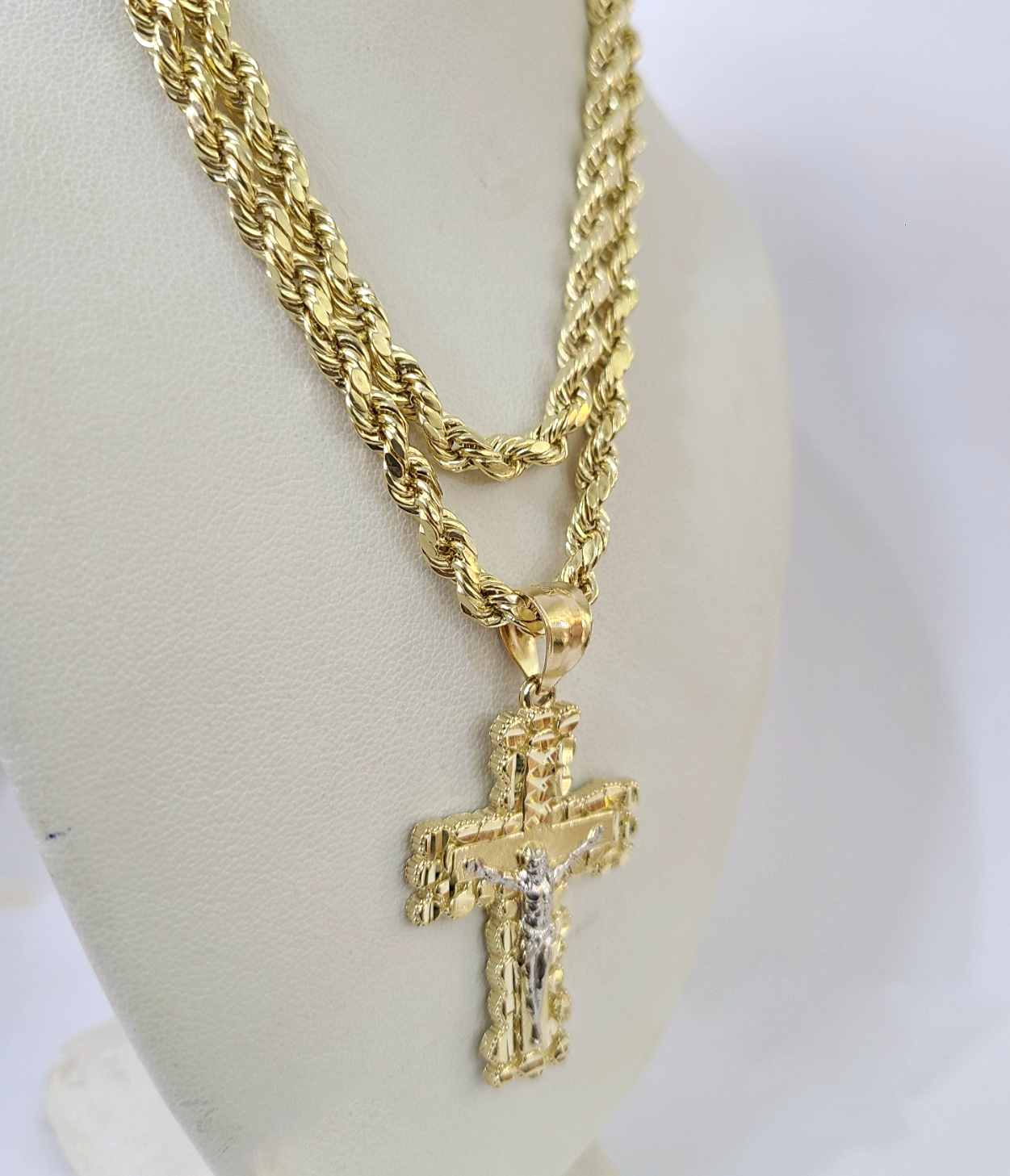 Real 10k Rope Chain Jesus Cross Charm Necklace Pendant Set 4mm 18"-28" Gold