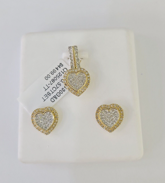 10k Diamond Heart Earrings Pendant Charm SET Yellow Gold