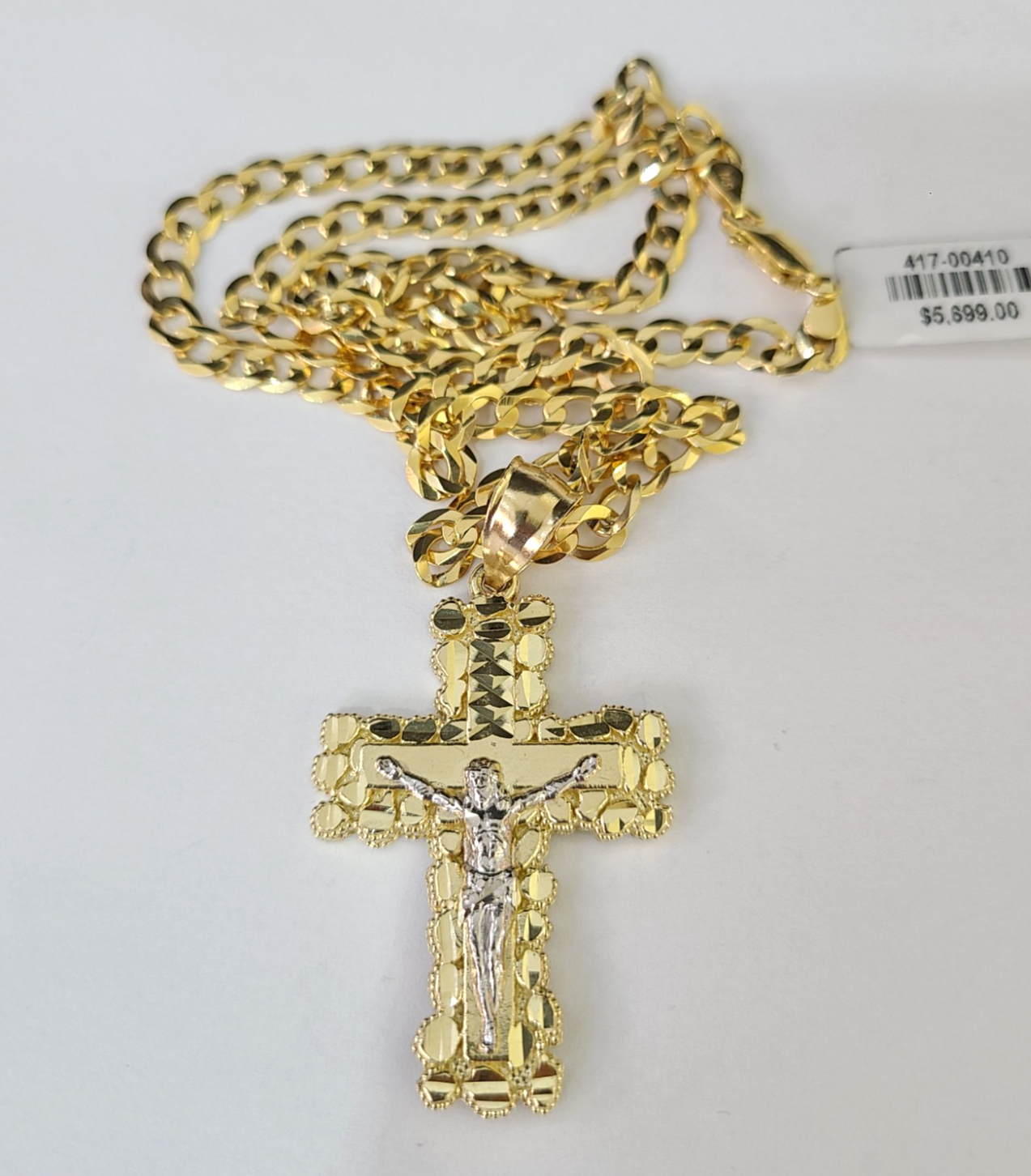 10k Gold Chain Cuban Curb Jesus Cross Charm Pendant Link 5mm 18"-28" Inch SET