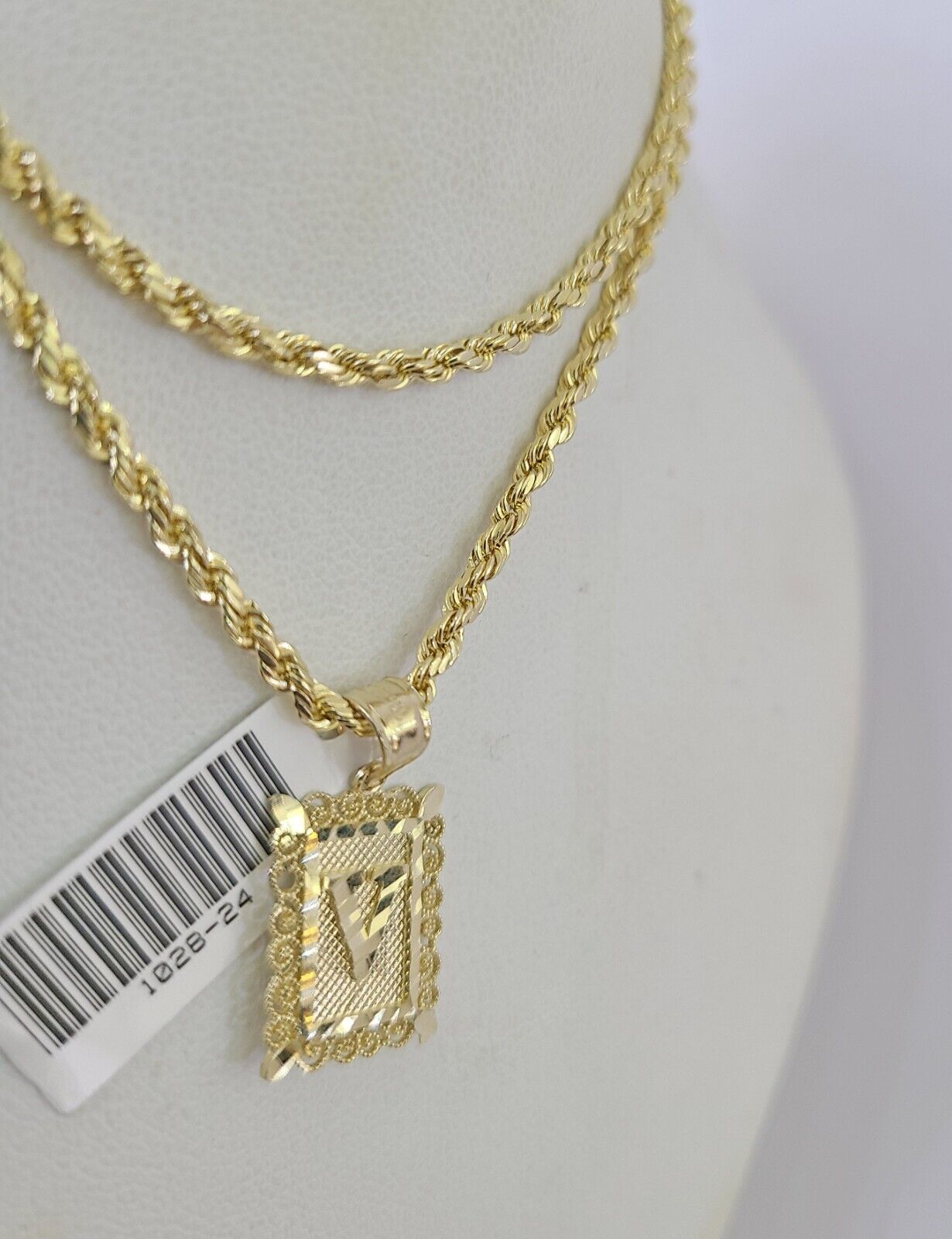 10k Gold Initial V Charm Rope Chain 16"-26" 2.5mm SET Necklace Alphabet Pendant