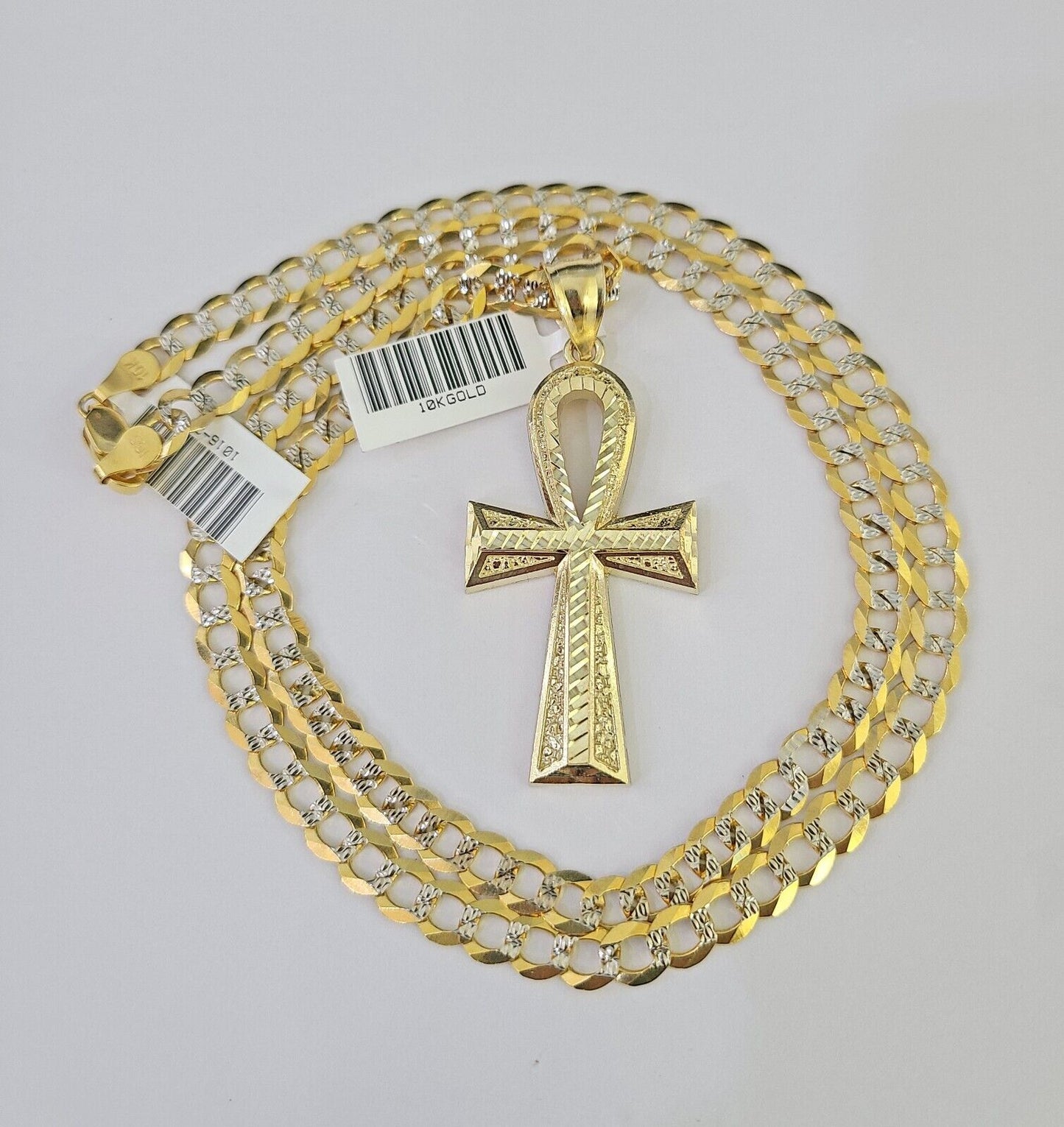 10k Solid Gold Cuban Curb Chain Jesus Cross Pendant 6mm 20"-30" SET Necklace