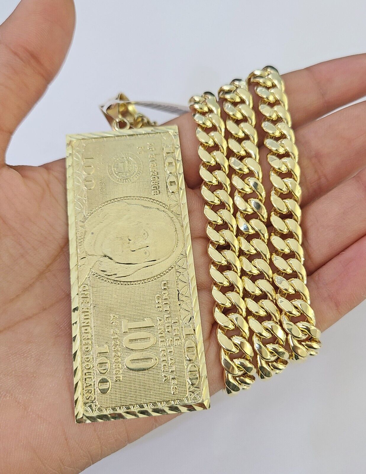 10K Miami Cuban Link Chain 100 Dollar Bill Pendent Charm 8mm 20"-30" Necklace