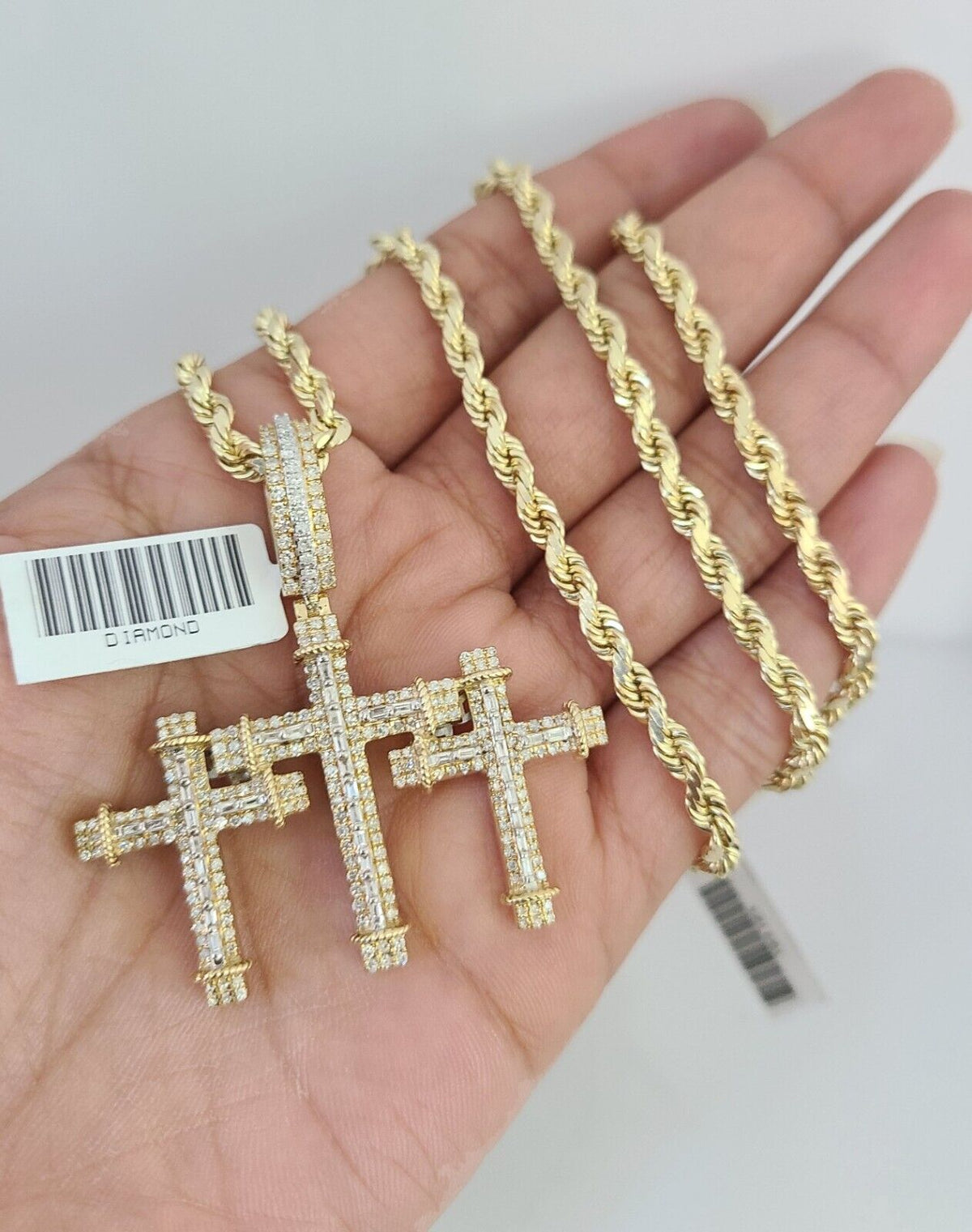 10k Solid Rope Chain 10k Solid Rope Chain Triple Cross Charm Diamond Set 4mm 20