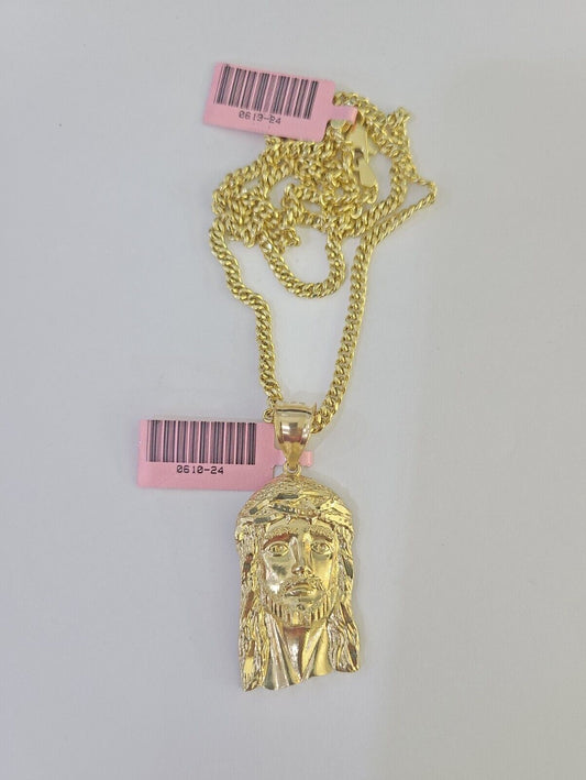 14k Miami Cuban Chain Jesus Head Charm Yellow Gold Set 3mm 18"-28" Necklace