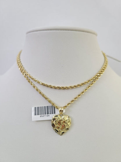 10k 2.5mm Rope Chain Nugget Heart Pendant 18"-30" Yellow Gold Set Charm Necklace