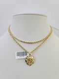 10k 2.5mm Rope Chain Nugget Heart Pendant 18"-30" Yellow Gold Set Charm Necklace