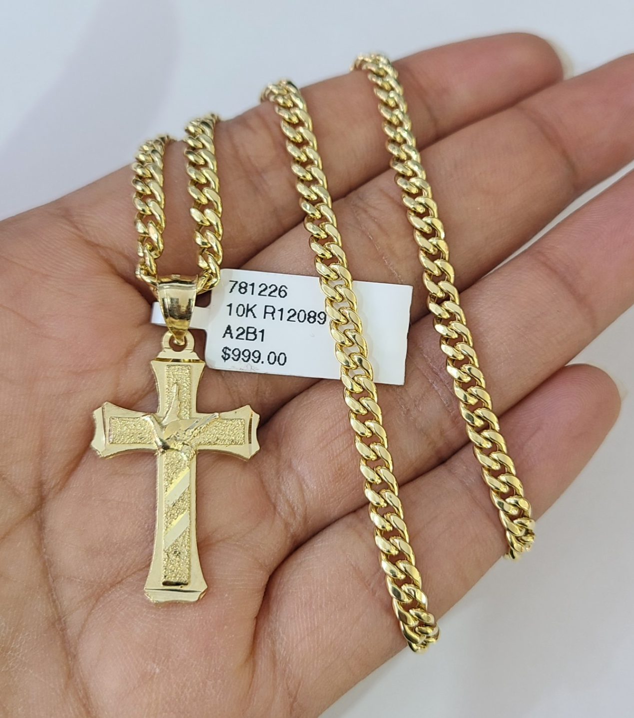 10k Gold Chain Miami Cuban Jesus Cross Charm Pendant Set 4mm 18"-28" Necklace