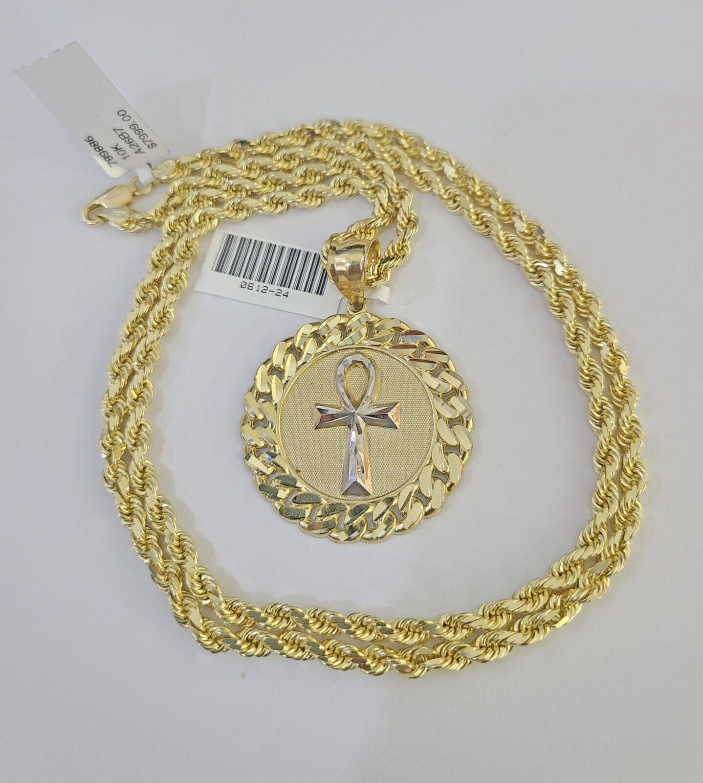 10k Solid Rope Chain Ankh Cross Charm Set 4mm 20"-28" Necklace Gold Yellow