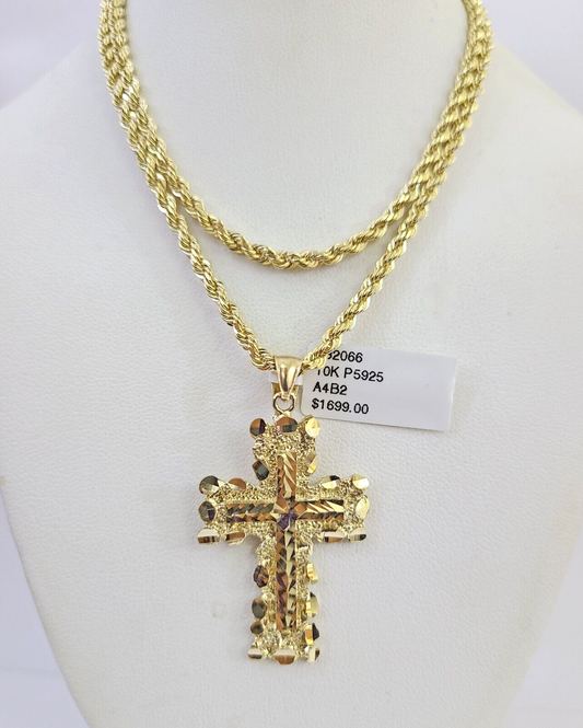 10k Solid Rope Chain 3mm Jesus Cross Necklace Pendant Charm SET 18-26 in