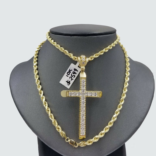 10k Yellow Gold Jesus Cross Pendant Rope Chain 22" 24" 26" 4mm Men REAL