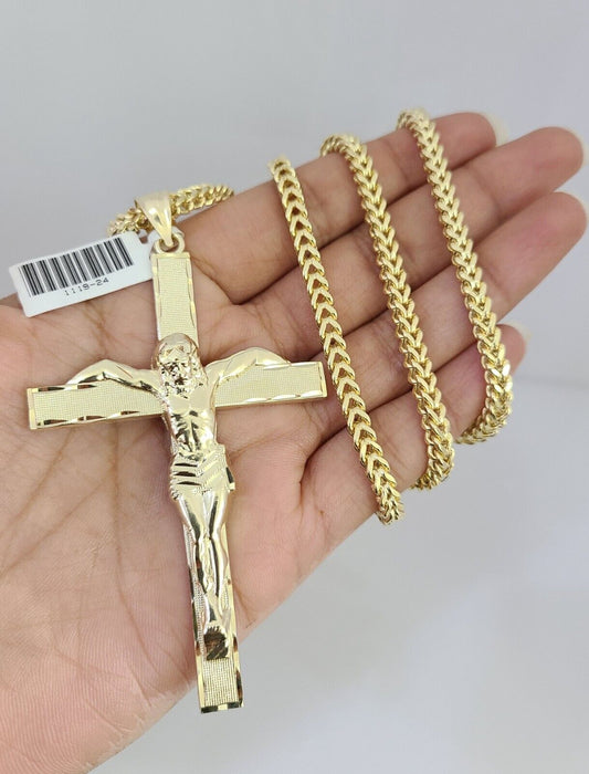 10K Franco Chain Necklace Jesus Cross Pendant Charm 20"-28" 4mm Yellow Gold SET