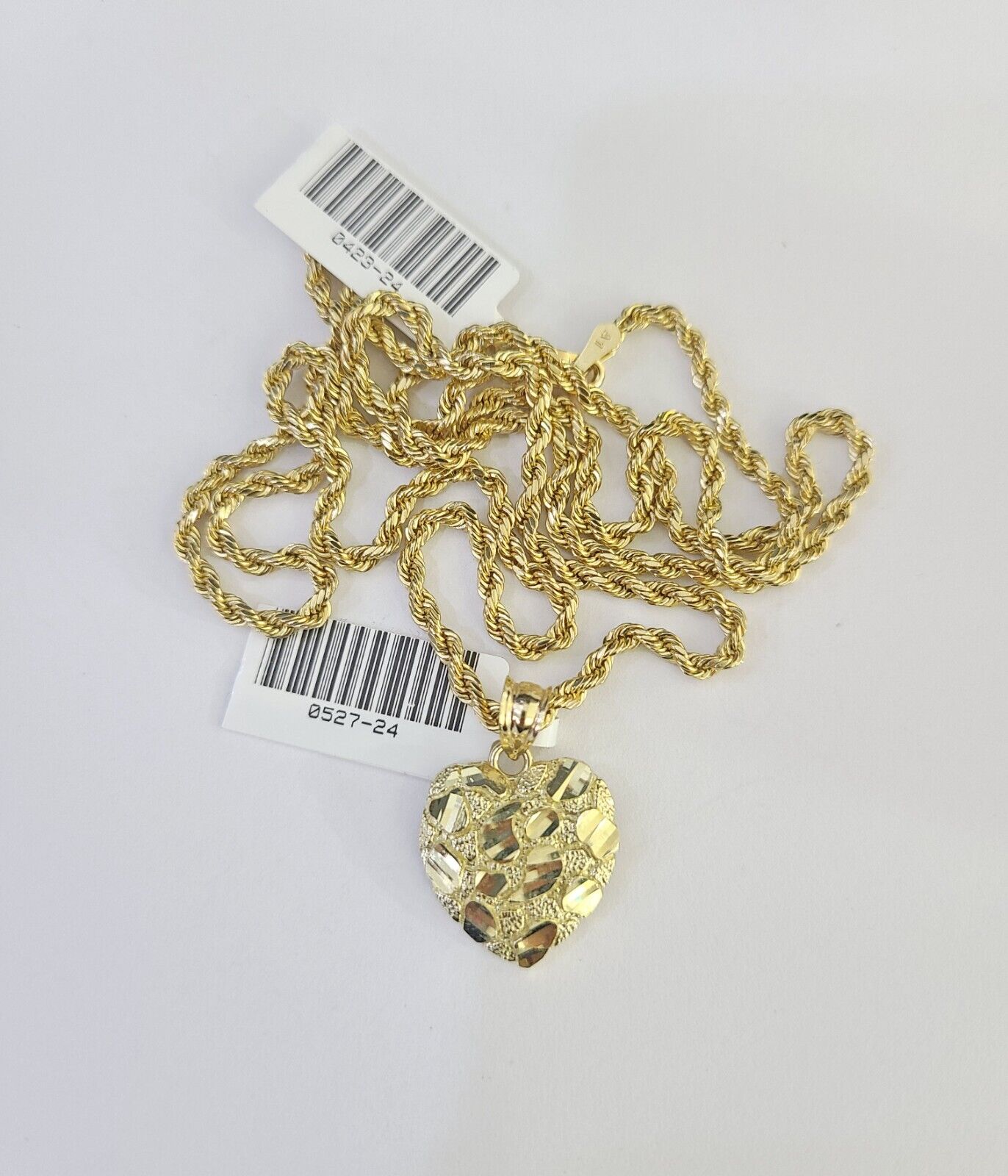 10k 2.5mm Rope Chain Nugget Heart Pendant 18"-30" Yellow Gold Set Charm Necklace