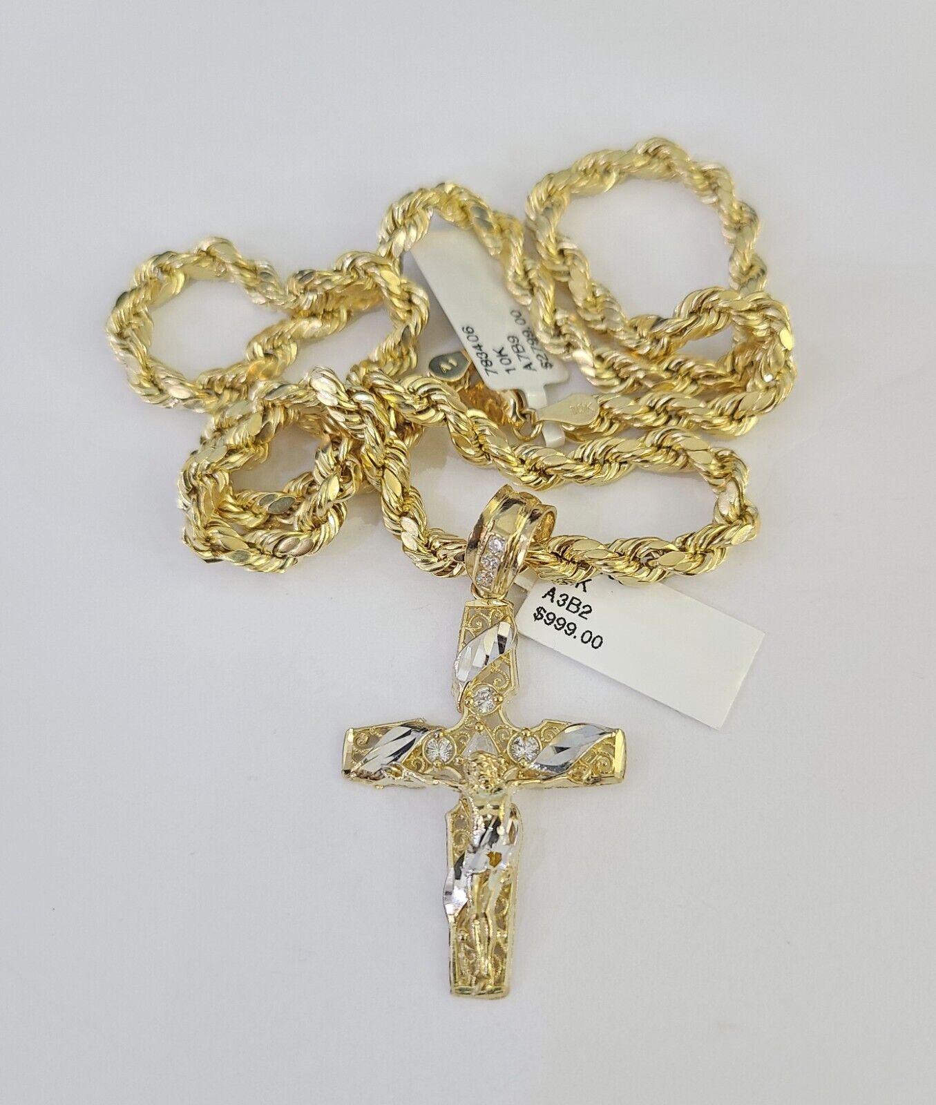 Real 10k Rope Chain Jesus Cross Charm Necklace Pendant Set 5mm 20"-30" Inch Gold