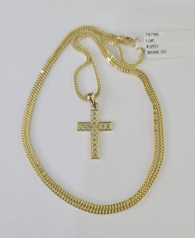 10K Gold Franco Chain Hearts Jesus Cross Charm SET 18-24 inches 1mm Necklace