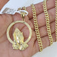 Real 10k Miami Cuban Chain Praying Hands Charm Set 4mm Yellow Gold Necklace