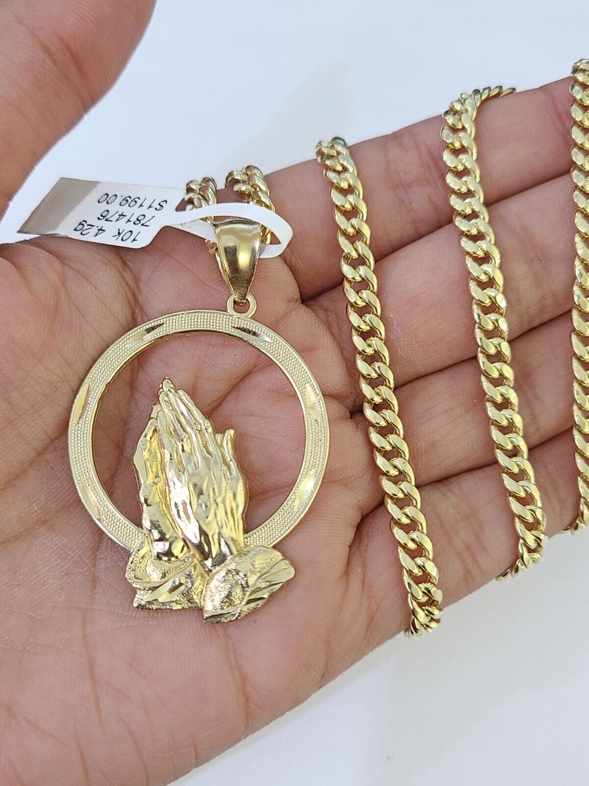 Real 10k Miami Cuban Chain Praying Hands Charm Set 4mm Yellow Gold Necklace