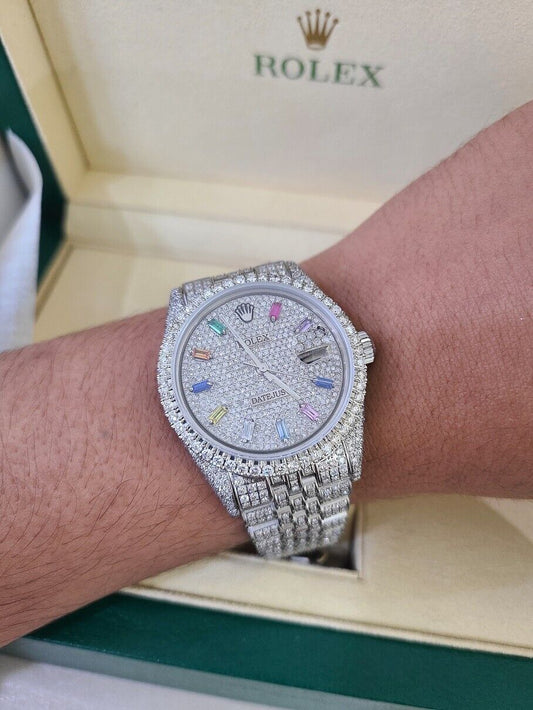 ROLEX Mens Datejust Rainbow Dial Iced Out Fully Load Genuine Diamonds 36mm Watch