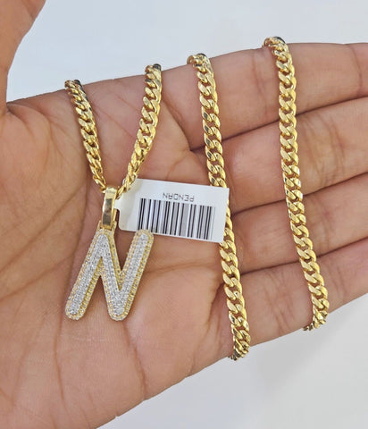 10k Miami Cuban Chain N Diamond Charm Set 4mm 18-26"Yellow Gold Necklace Pendant