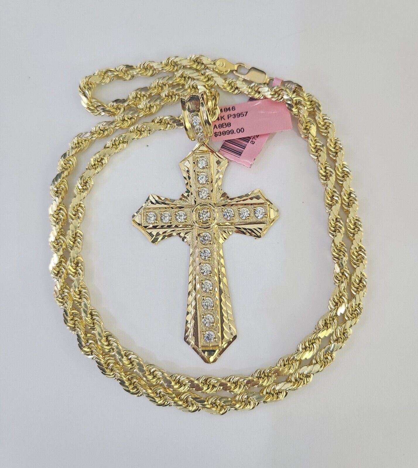 Real 14k Rope Chain Jesus Cross Charm Yellow Gold Set 5mm 20"-30" Necklace