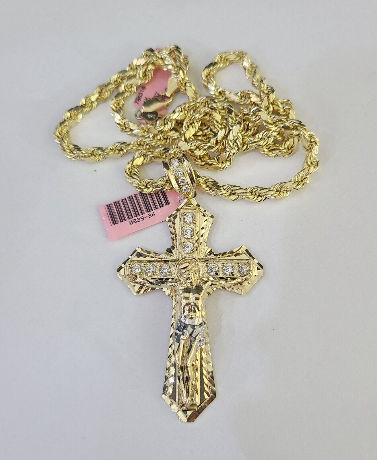 Real 14k Rope Chain Jesus Cross Charm Yellow Gold Set 5mm 20"-30" Necklace